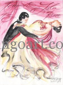 Romeo+Julia mit kaligrafischen Hintergrund in rose'
